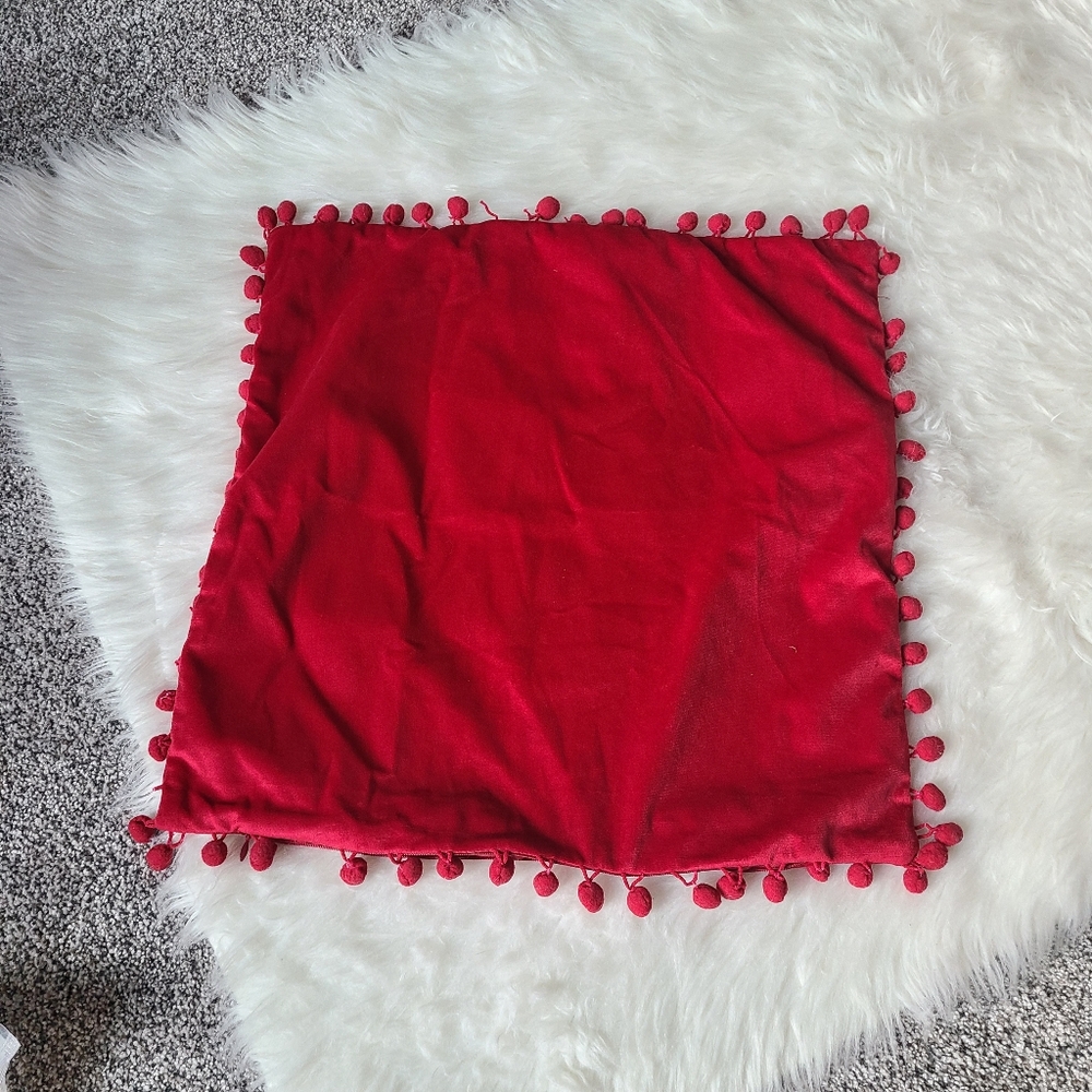 Two Red Pom Pom Tassle Pillow Cases 18x18